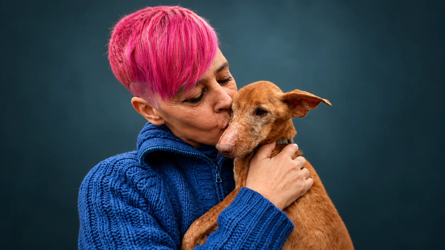 Amparo kissing a podenco