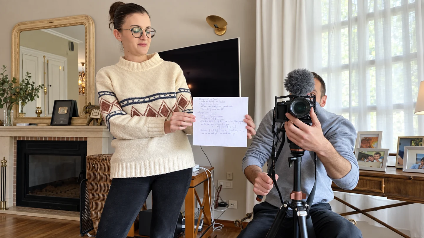 Carla holding the script beside Sergio during a recording
