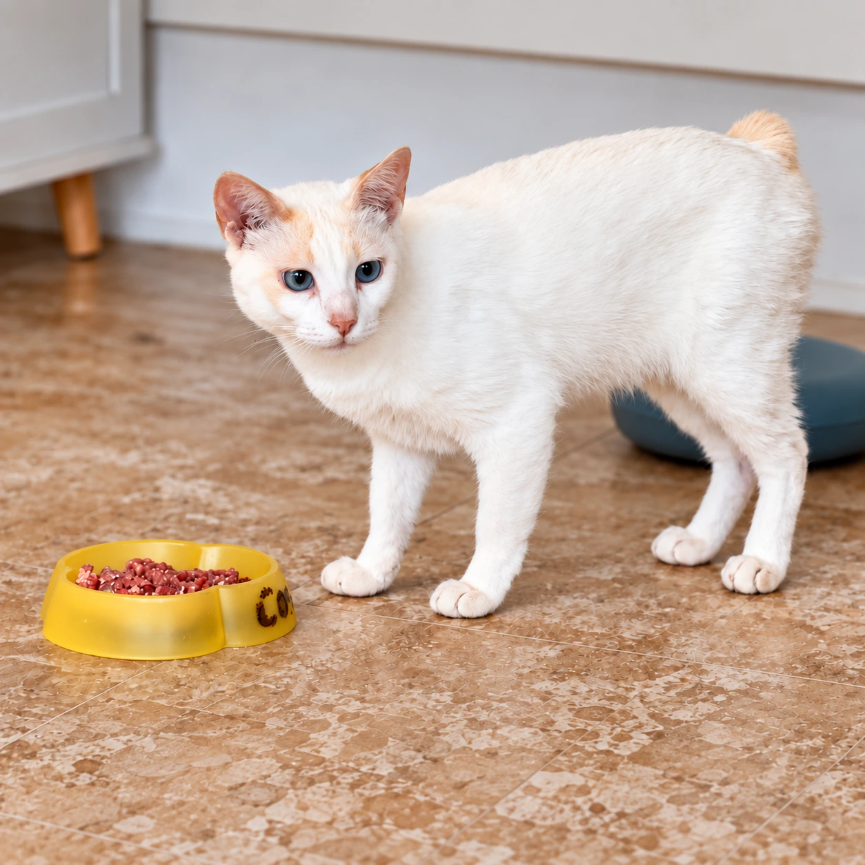 A white cat with blue eyes beside a bowl containing meat
