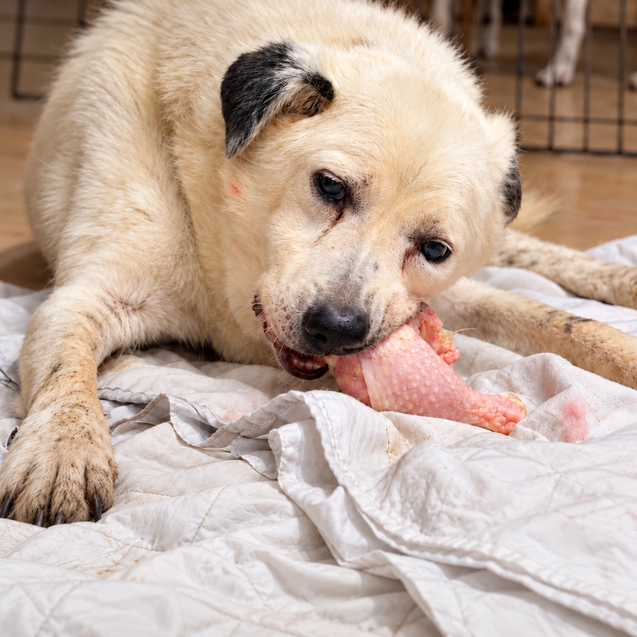 A white dog holding and chewing a raw chicken portion on a blanket
