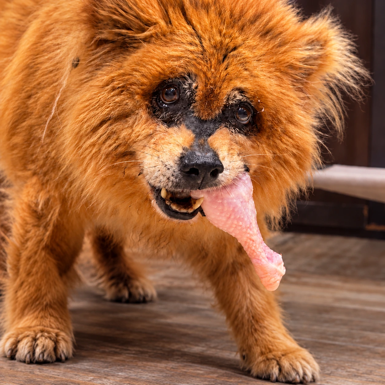 An orange rescue dog holding a raw chicken portion in its mouth