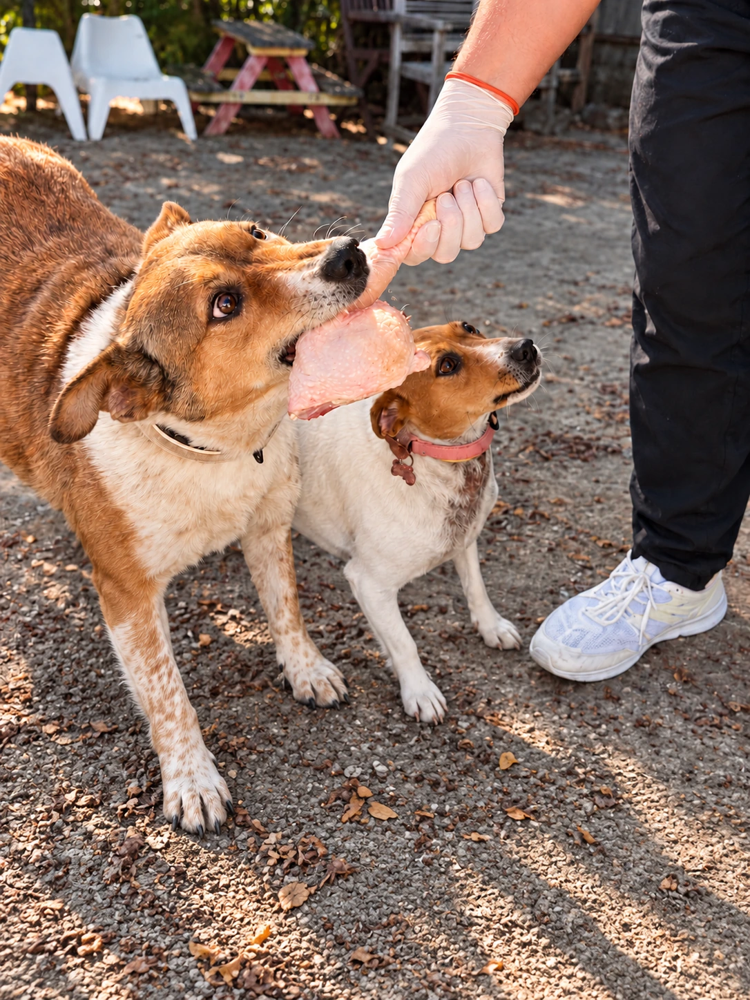 A gloved hand offering chicken to a dog outdoors