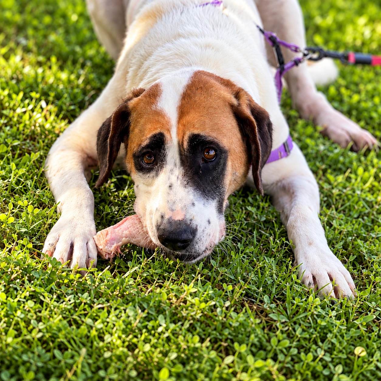 A brown and white dog on grass with a chicken portion between its paws