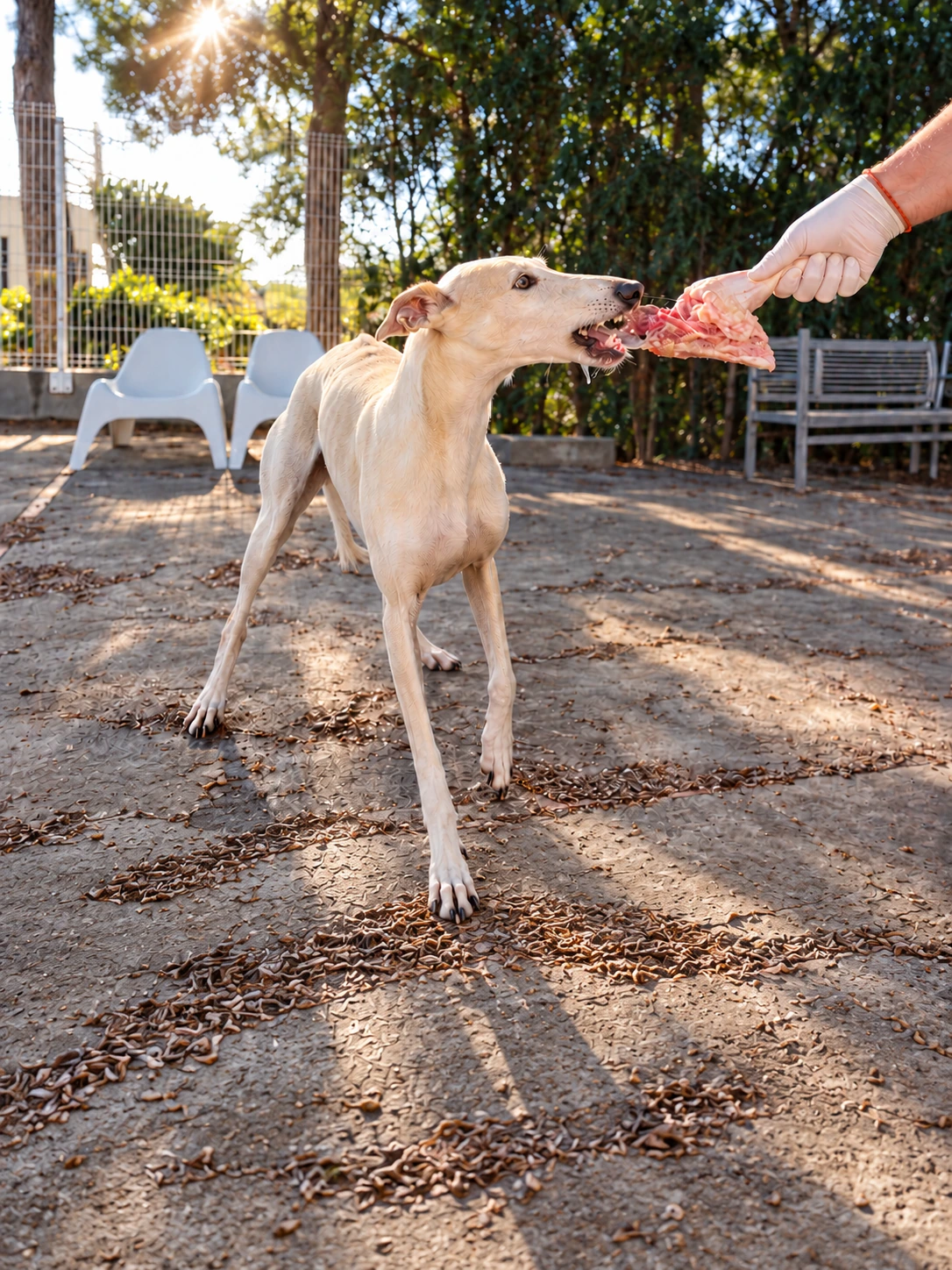 A white sighthound accepting a chicken portion from a gloved hand