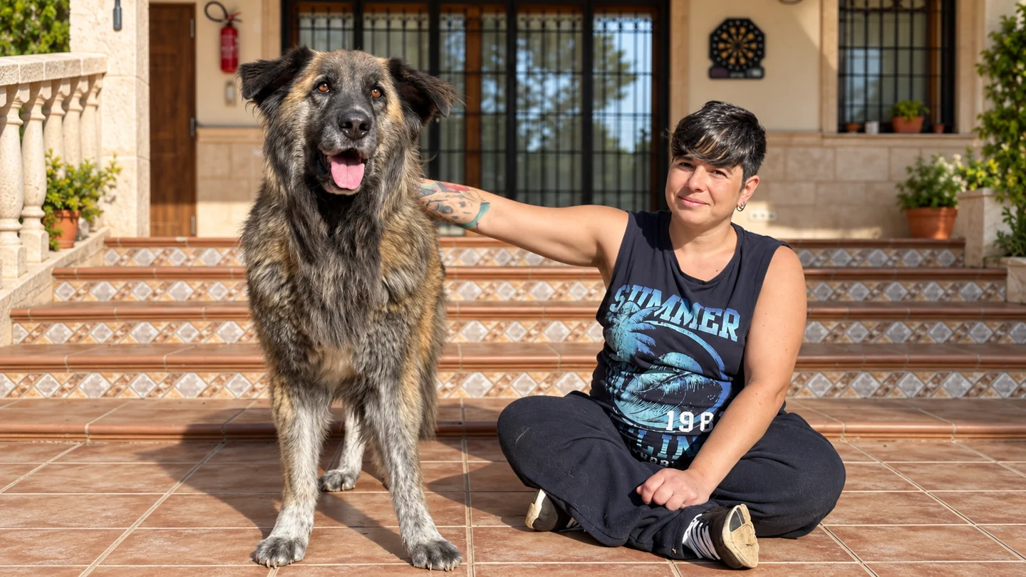 Maribel with a large dog at the Great House
