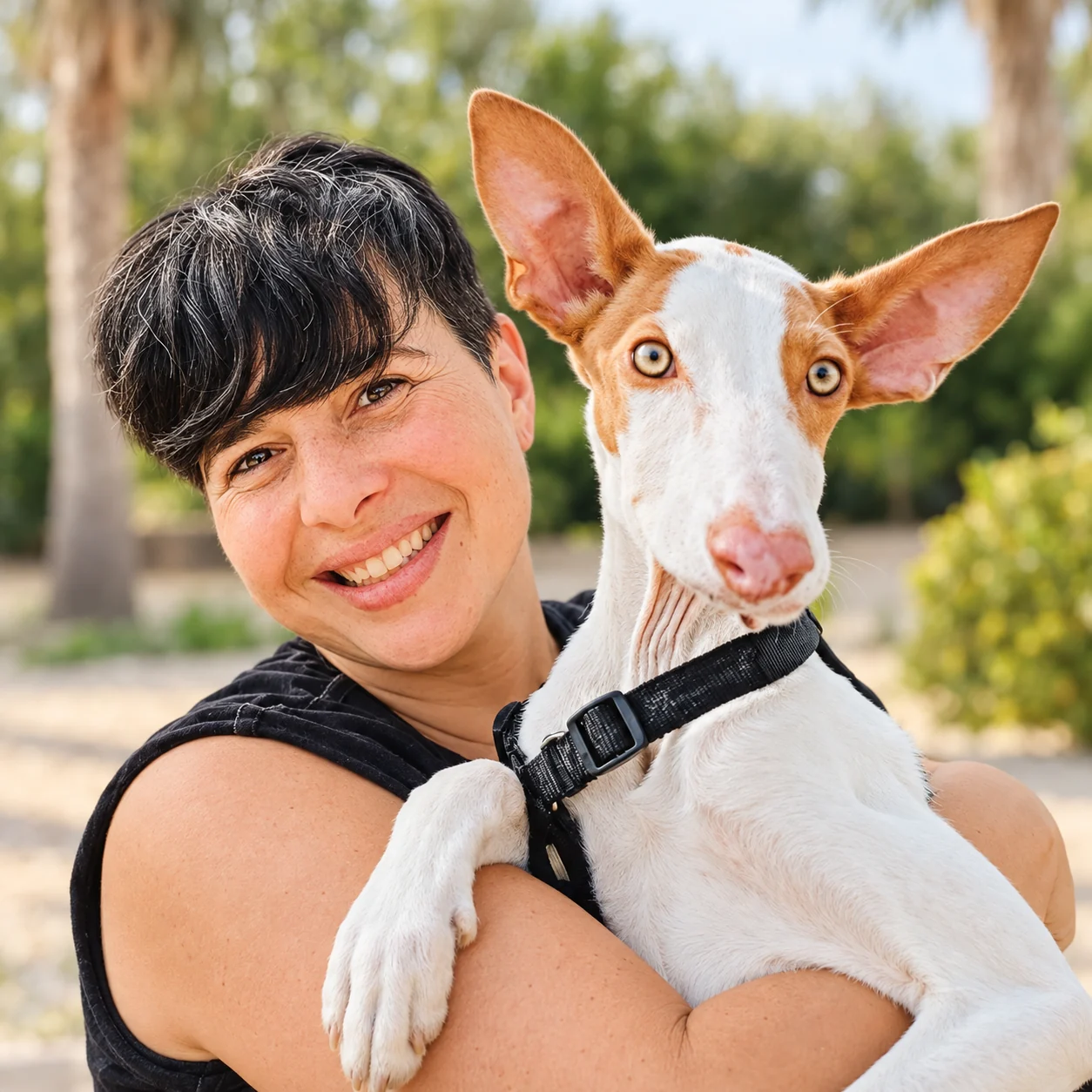 Maribel embracing a podenco