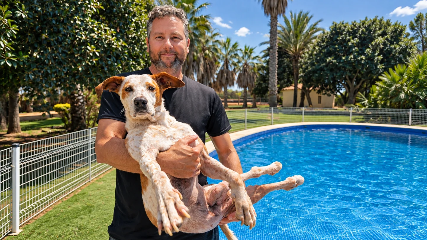 Martín holding a dog beside the pool