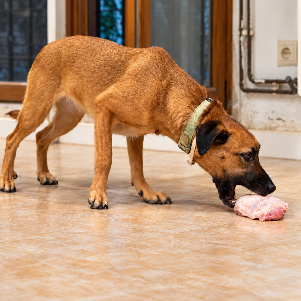 A brown dog with a green collar eating a chicken portion