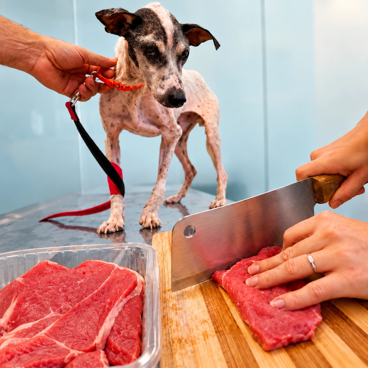 Hands preparing beef on a board while a small spotted rescue dog stands nearby