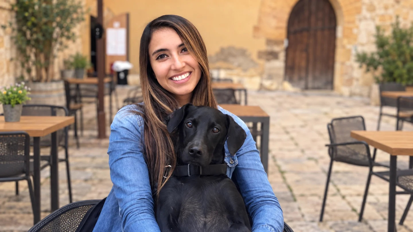 Rebeca holding a black dog