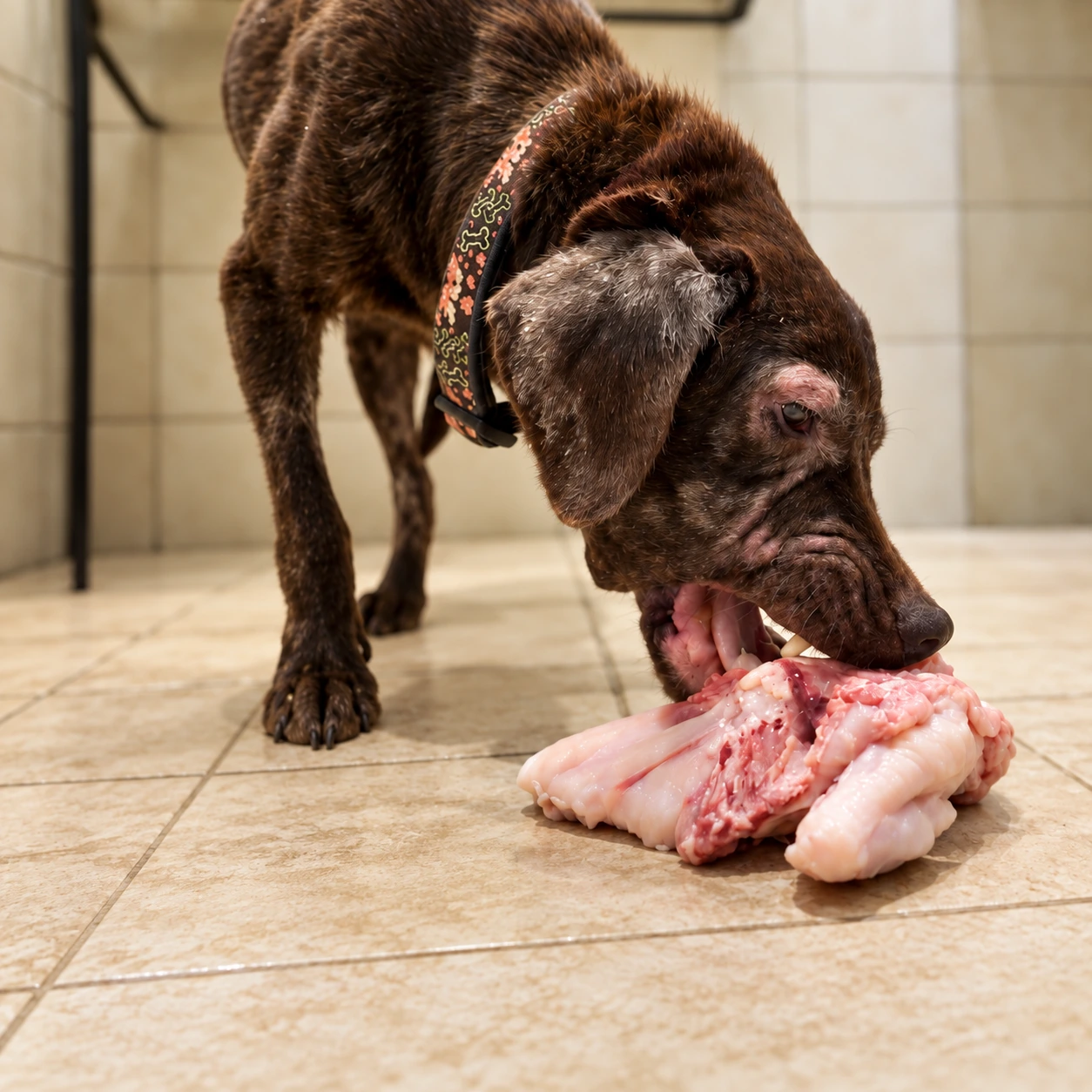 A very thin dark-coated rescue dog eating a chicken portion indoors