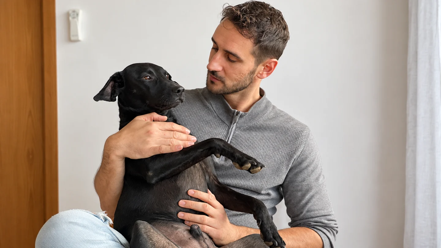 Sergio and a dog looking at each other