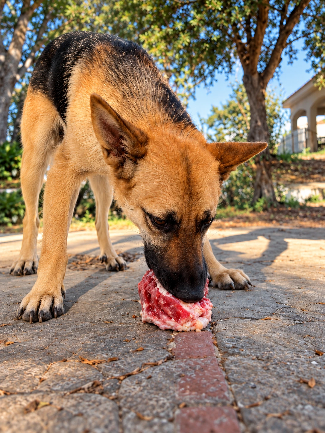 A shepherd dog eating a piece of meat outdoors