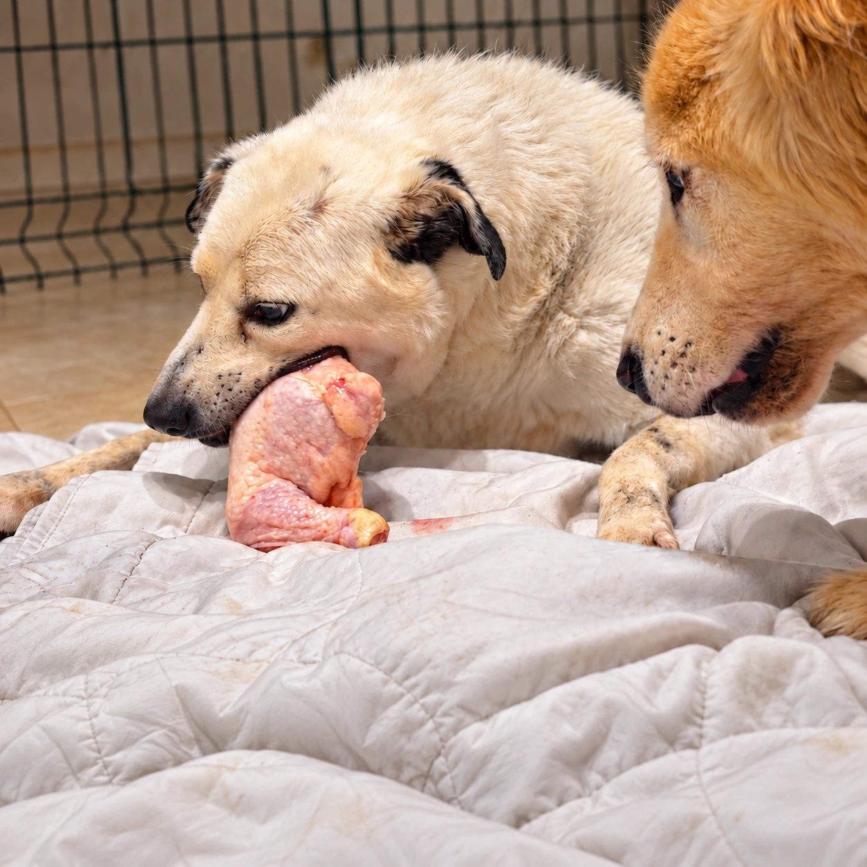 A white dog chewing chicken beside an orange dog