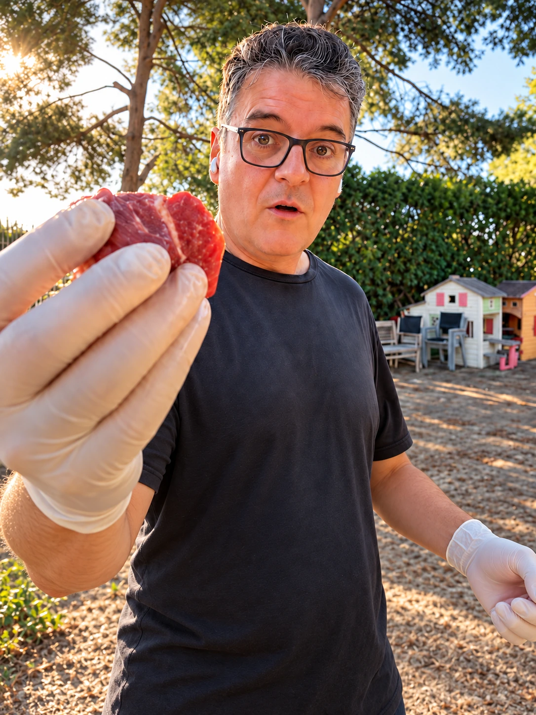 Viktor Larkhill holding a piece of meat while preparing to feed the dogs