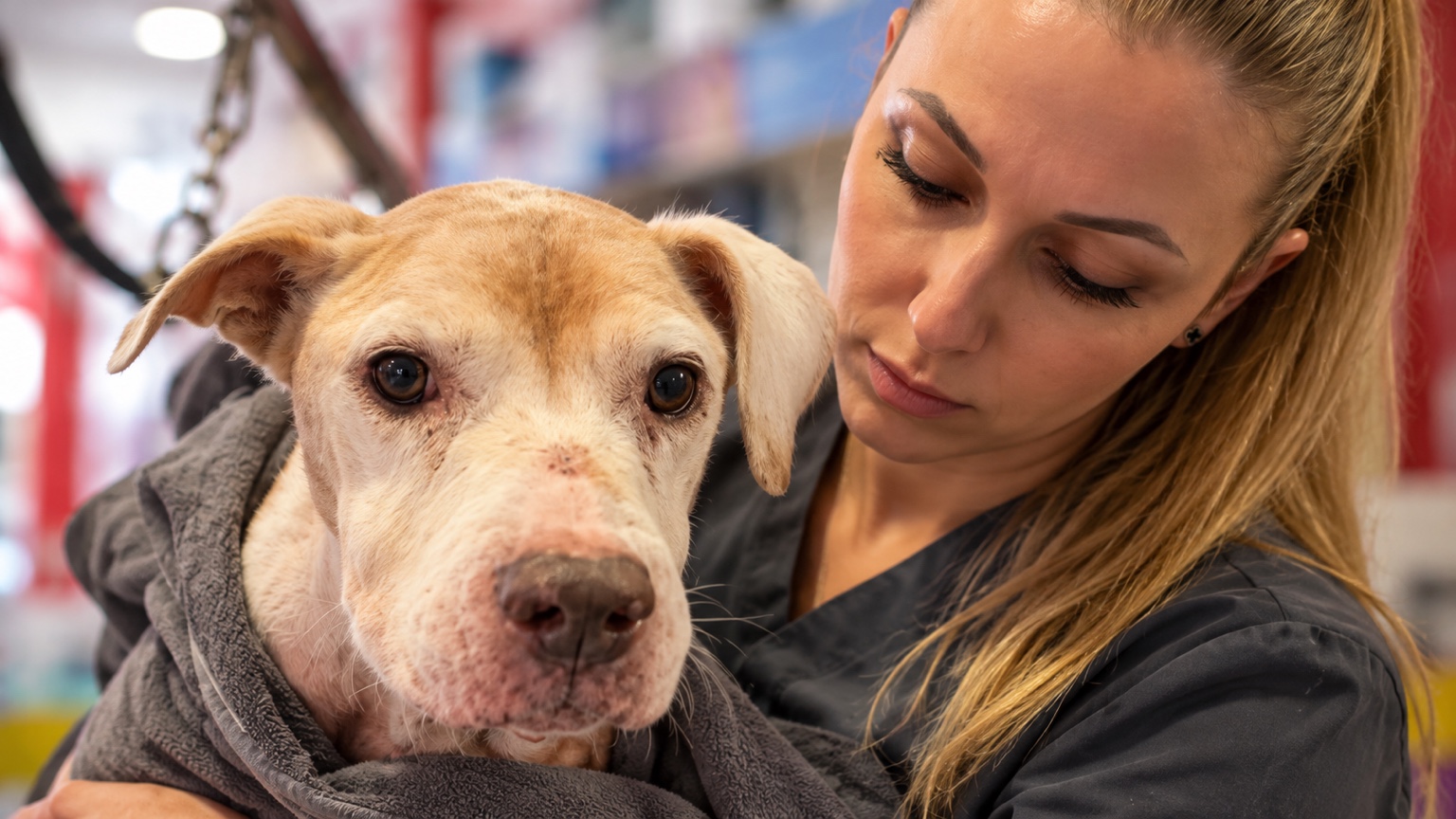 Daphne wrapped in a towel and held gently by her groomer.