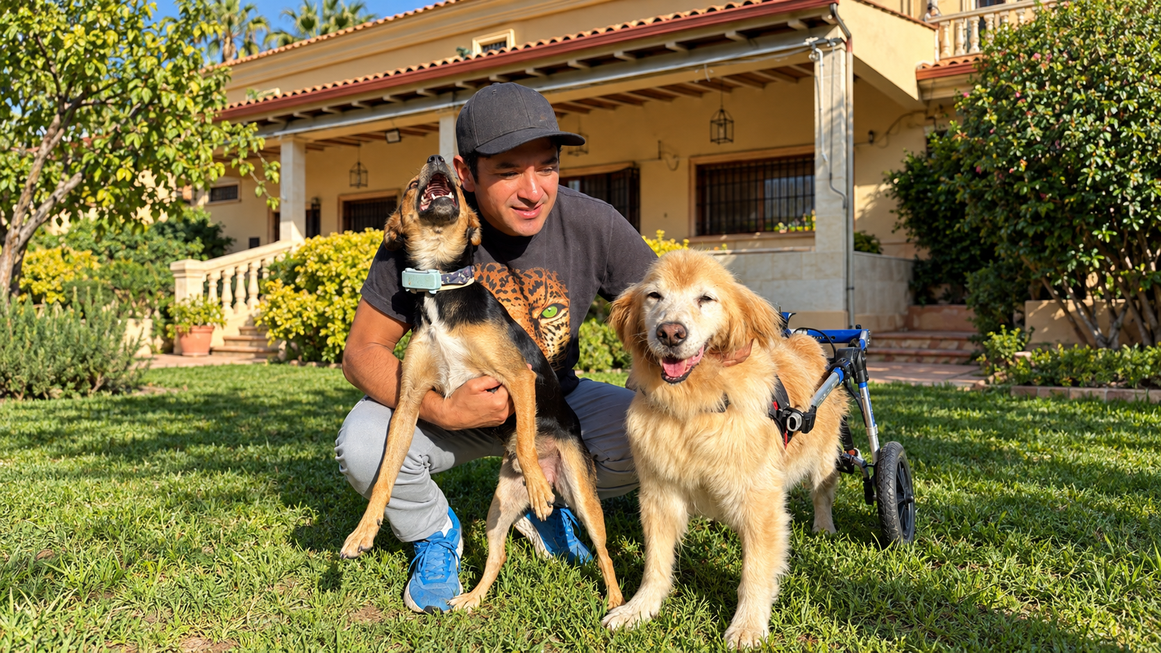 Casa Grandeの庭で2頭の犬と過ごすEder Nivaldo